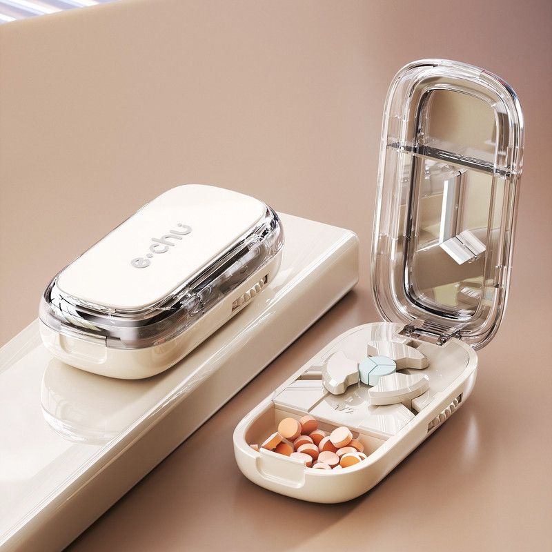2-in-1 Pill Cutter with Storage Case, 1/2 & 1/3 Equal Parts Adjustable Tablet Splitter, Portable Travel Medicine Box - White - Image 1