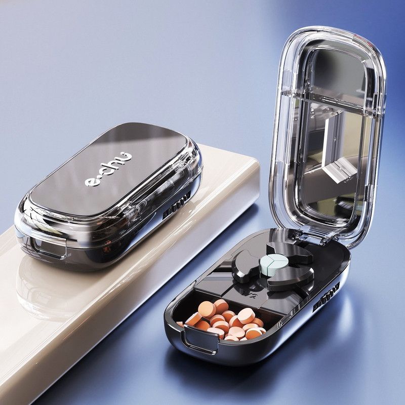 2-in-1 Pill Cutter with Storage Case, 1/2 & 1/3 Equal Parts Adjustable Tablet Splitter, Portable Travel Medicine Box—Black - Image 1