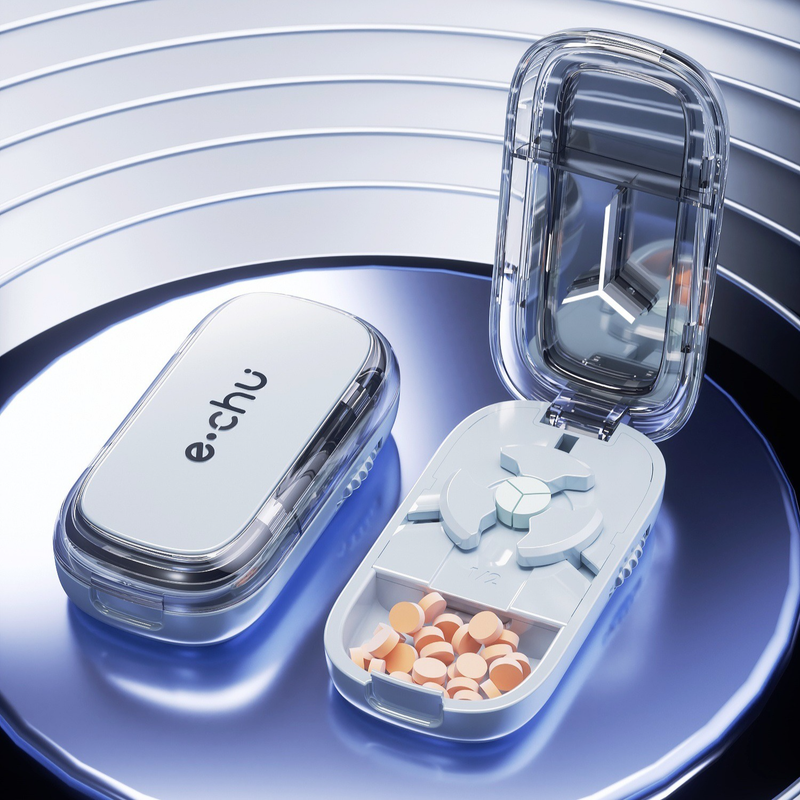 2-in-1 Pill Cutter with Storage Case, 1/2 & 1/3 Equal Parts Adjustable Tablet Splitter, Portable Travel Medicine Box—Blue - Image 1