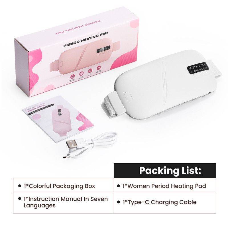 LED Display Period Heating Belt for Women, 5 Heat Settings & 4 Vibration Modes Wireless Menstrual Cramp Relief Waist Heating Pad - White - Image 1