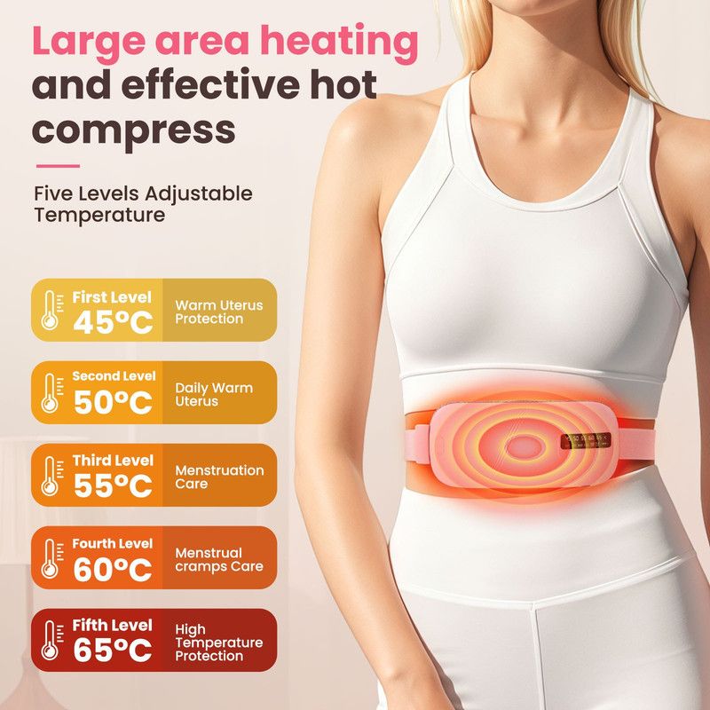 LED Display Period Heating Belt for Women, 5 Heat Settings & 4 Vibration Modes Wireless Menstrual Cramp Relief Waist Heating Pad - White - Image 6