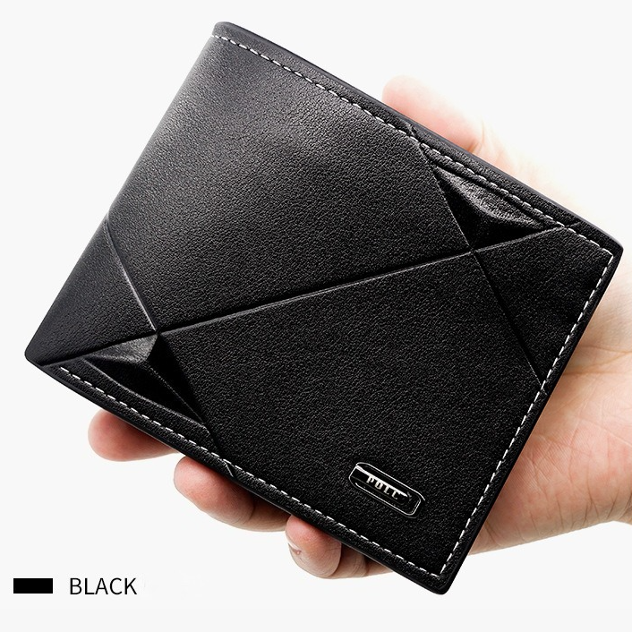 Men's Short Bifold PU Wallet, Geometric Embossed Billfold with Multiple Card Slots and Zipper Coin Pocket for Business, Casual, and Daily Use - Black - Image 1