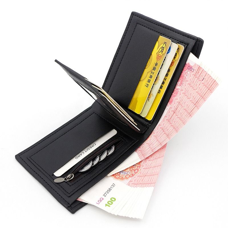 Men's Short Bifold PU Wallet, Geometric Embossed Billfold with Multiple Card Slots and Zipper Coin Pocket for Business, Casual, and Daily Use - Black - Image 2