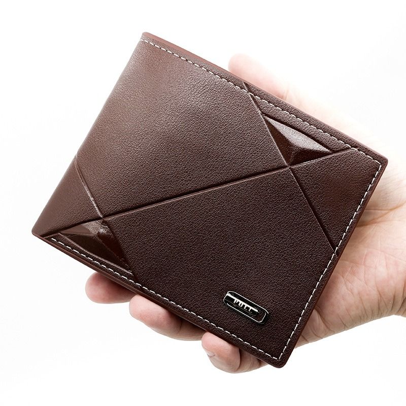 Men's Short Bifold PU Wallet, Geometric Embossed Billfold with Multiple Card Slots and Zipper Coin Pocket for Business and Casual Daily Use - Light Brown - Image 1