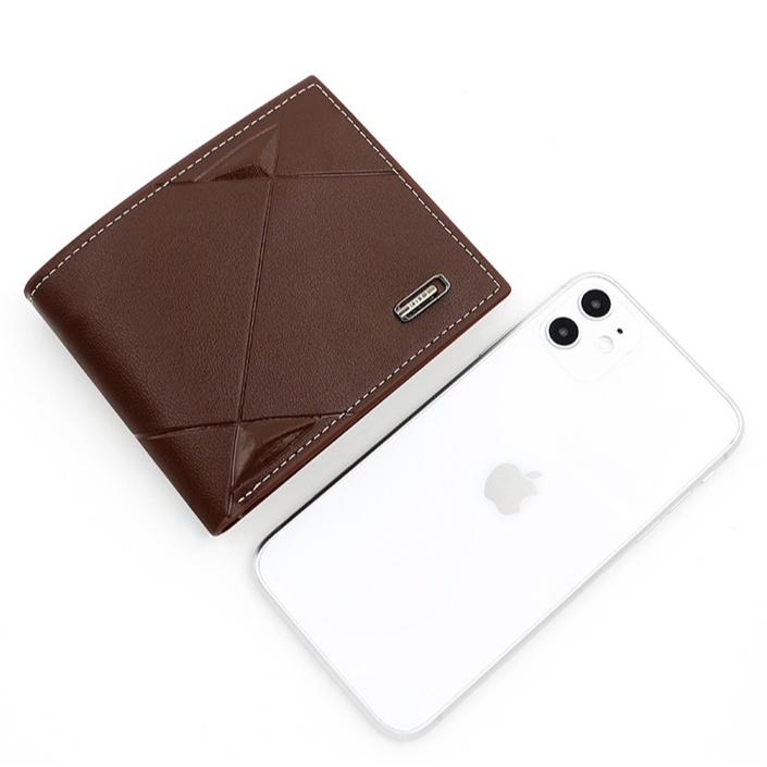 Men's Short Bifold PU Wallet, Geometric Embossed Billfold with Multiple Card Slots and Zipper Coin Pocket for Business and Casual Daily Use - Light Brown - Image 6