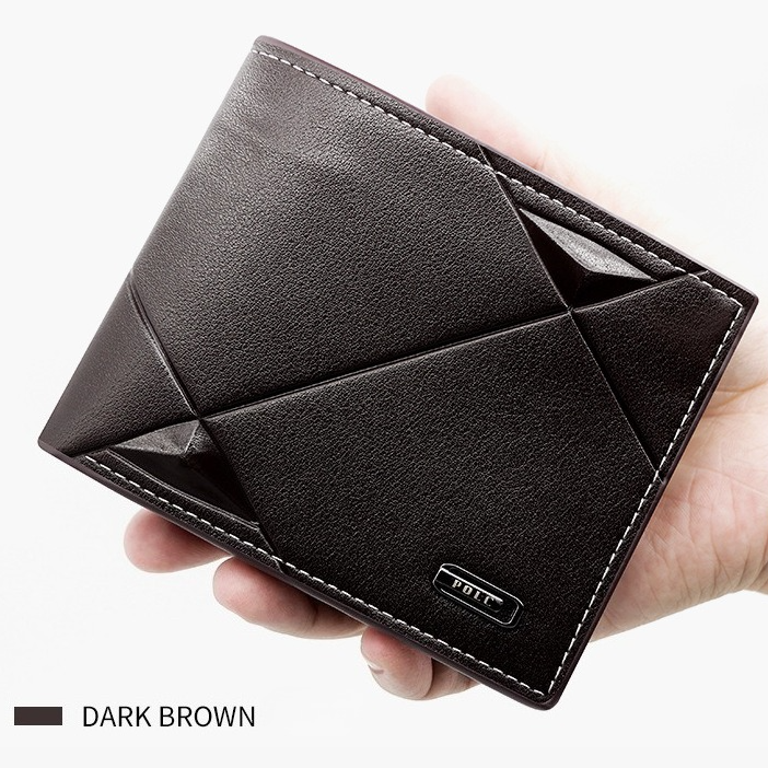 Men's Short Bifold PU Wallet, Geometric Embossed Billfold with Multiple Card Slots and Zipper Coin Pocket for Business and Casual Daily Use - Dark Brown - Image 1