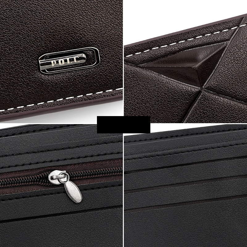 Men's Short Bifold PU Wallet, Geometric Embossed Billfold with Multiple Card Slots and Zipper Coin Pocket for Business and Casual Daily Use - Dark Brown - Image 3