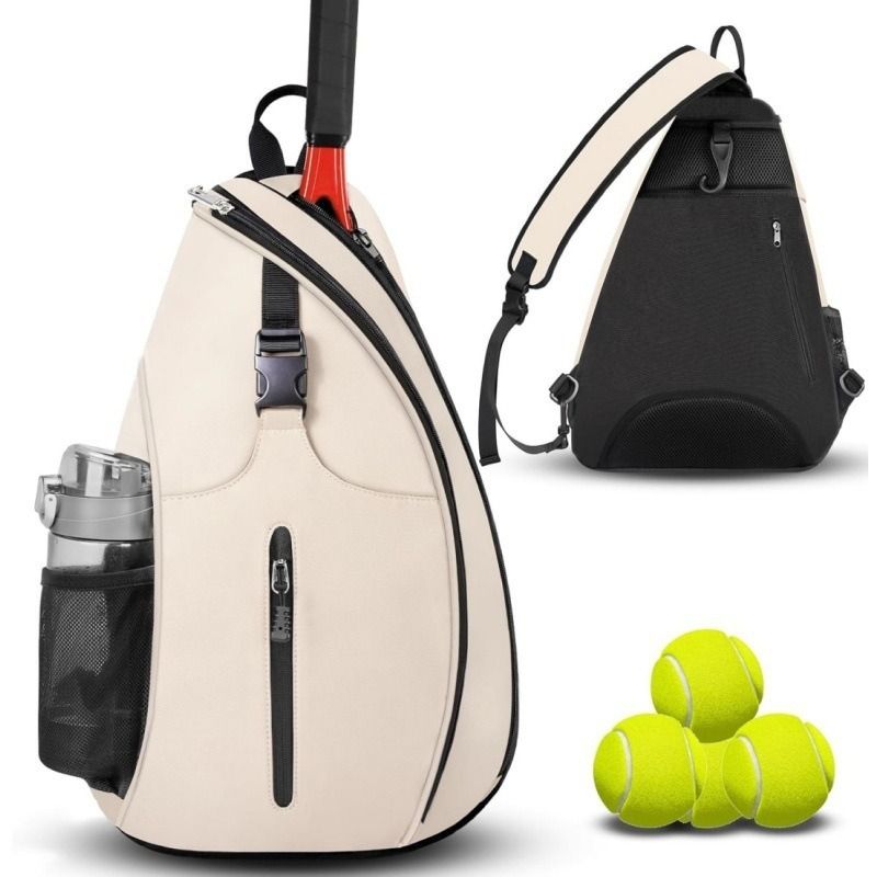 Multifunction Sling Tennis Bag, Waterproof Oxford Crossbody Sports Backpack, with Water Bottle Pocket & Hidden Ball Compartment—White - Image 1