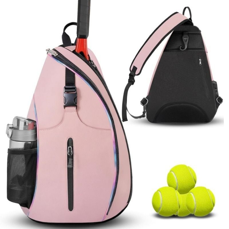 Multifunction Sling Tennis Bag, Waterproof Oxford Crossbody Sports Backpack, with Water Bottle Pocket & Hidden Ball Compartment—Pink - Image 1