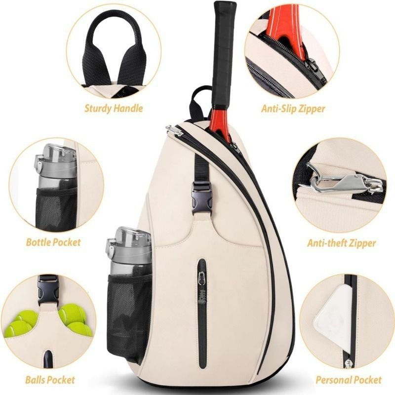 Multifunction Sling Tennis Bag, Waterproof Oxford Crossbody Sports Backpack, with Water Bottle Pocket & Hidden Ball Compartment—Pink - Image 3