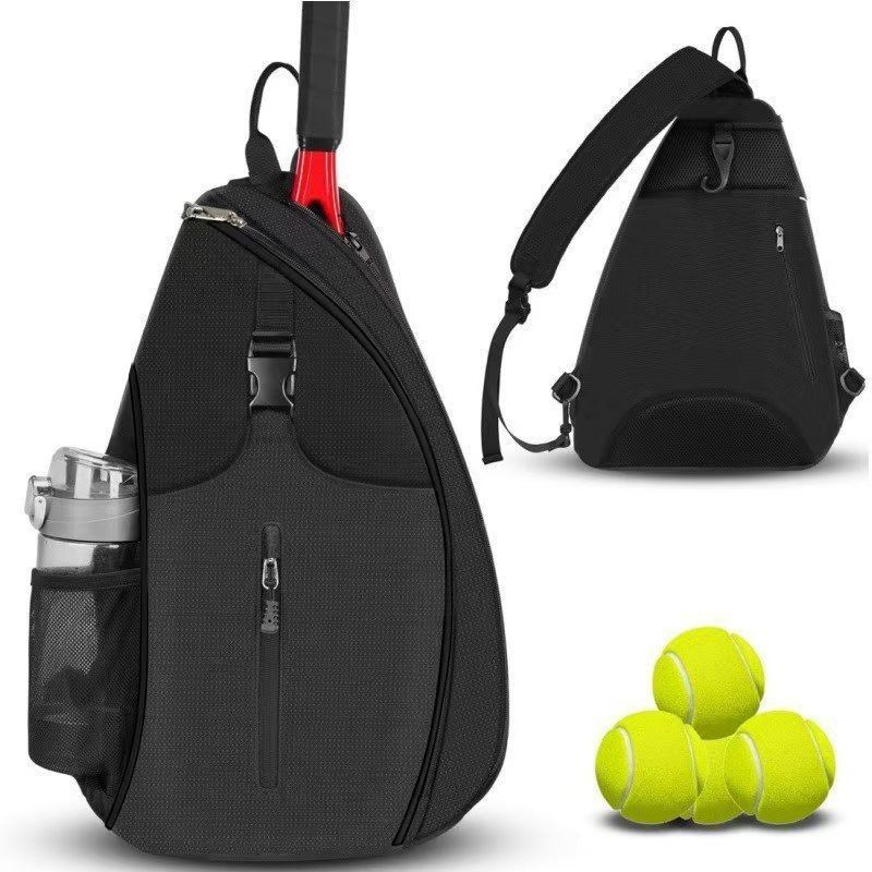 Multifunction Sling Tennis Bag, Waterproof Oxford Crossbody Sports Backpack, with Water Bottle Pocket & Hidden Ball Compartment—Black - Image 1