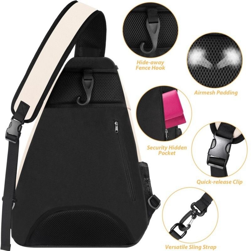 Multifunction Sling Tennis Bag, Waterproof Oxford Crossbody Sports Backpack, with Water Bottle Pocket & Hidden Ball Compartment—Black - Image 4