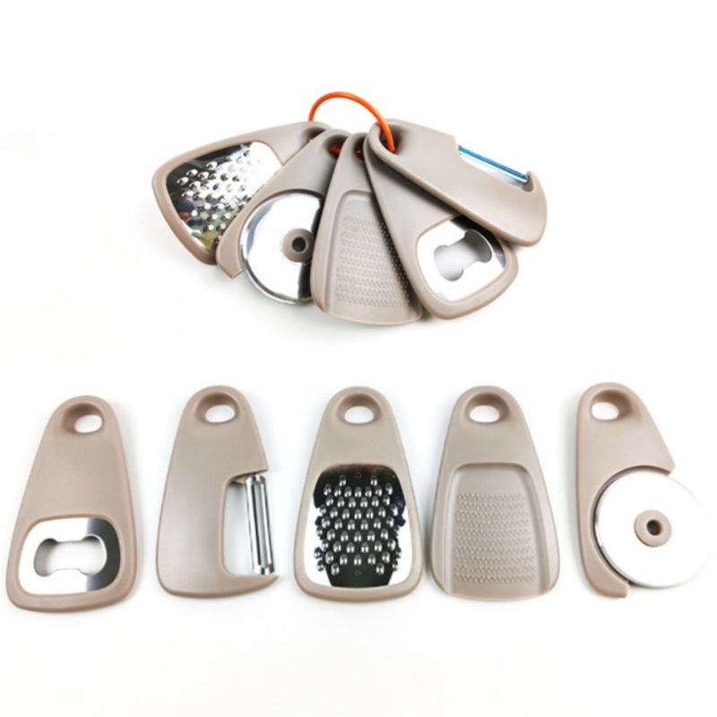 5 In 1 Portable Kitchen Gadget Set, Stainless Steel Pizza Cutter, Peeler, Cheese Grater, Garlic Grinder & Bottle Opener Multi-function Kitchen Tools - Image 1