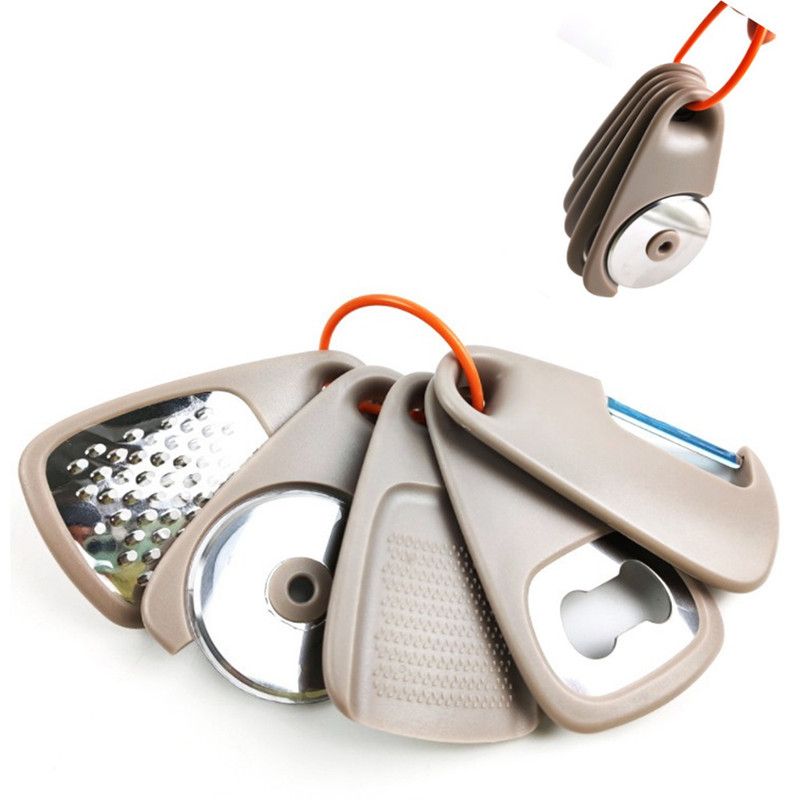 5 In 1 Portable Kitchen Gadget Set, Stainless Steel Pizza Cutter, Peeler, Cheese Grater, Garlic Grinder & Bottle Opener Multi-function Kitchen Tools - Image 2