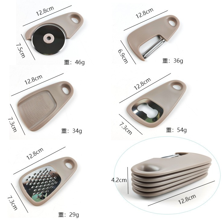 5 In 1 Portable Kitchen Gadget Set, Stainless Steel Pizza Cutter, Peeler, Cheese Grater, Garlic Grinder & Bottle Opener Multi-function Kitchen Tools - Image 4