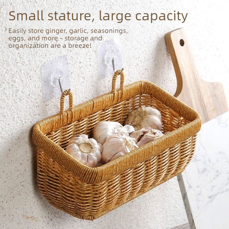 Artificial Rattan Wall Mount Storage Basket, Washable Plastic Woven Hanging Organizer for Kitchen Garlic Ginger Spice(S) - Image 2