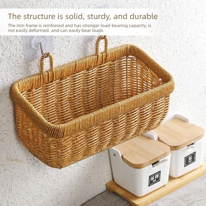 Artificial Rattan Wall Mount Storage Basket, Washable Plastic Woven Hanging Organizer for Kitchen Garlic Ginger Spice(S) - Image 3