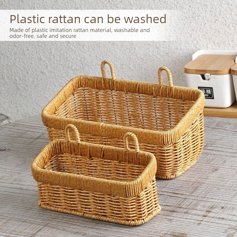 Artificial Rattan Wall Mount Storage Basket, Washable Plastic Woven Hanging Organizer for Kitchen Garlic Ginger Spice(S) - Image 4