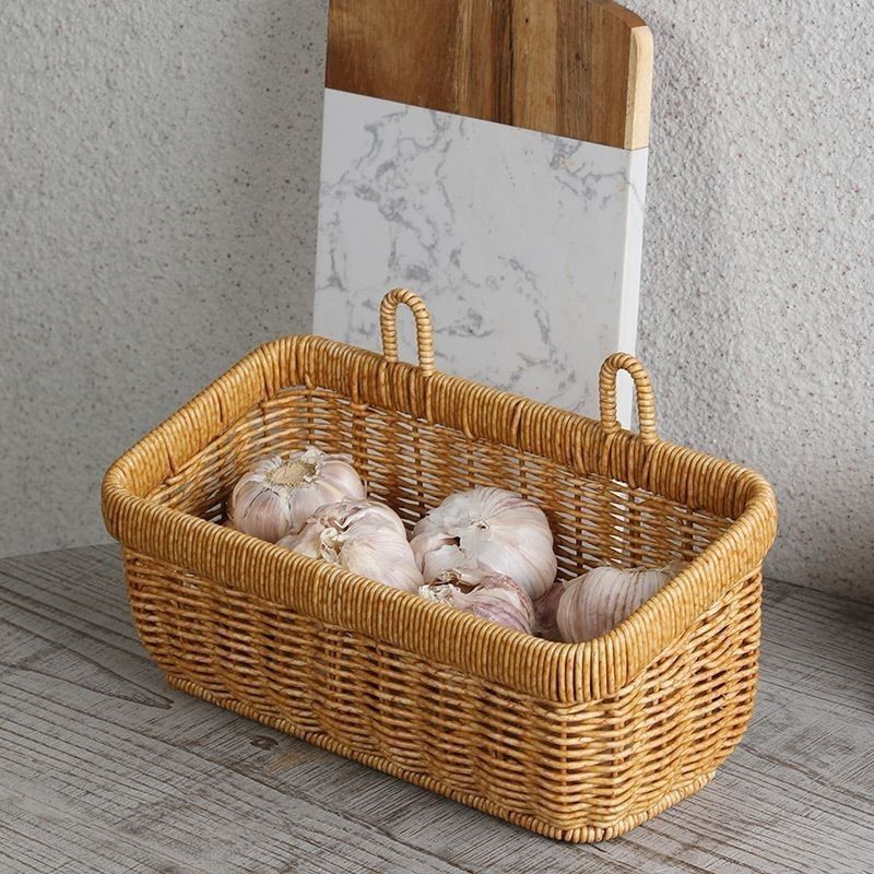 Artificial Rattan Wall Mount Storage Basket, Washable Plastic Woven Hanging Organizer for Kitchen Garlic Ginger Spice(S) - Image 6