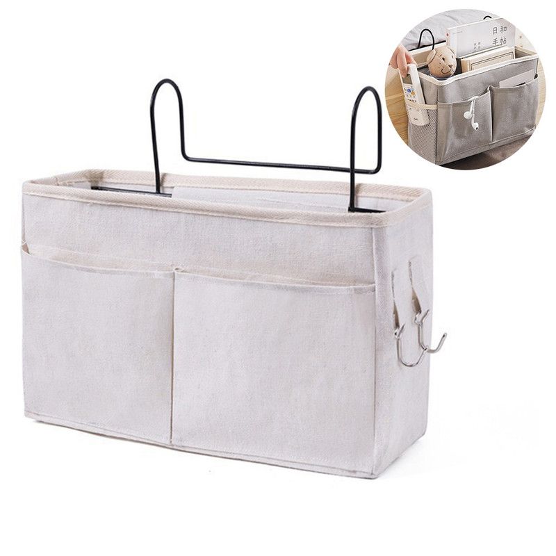 Bedside Caddy Storage Organizer with Metal Hooks, Multi-Pocket Linen Hanging Bed Caddy for Dorm Bunk Beds, Sofas—White - Image 1