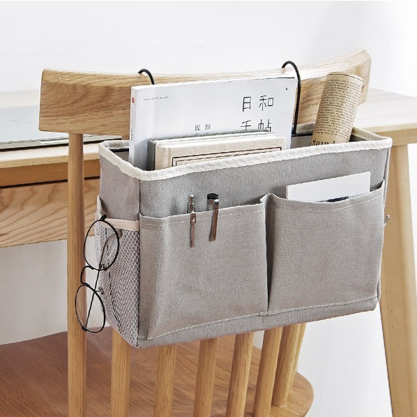 Bedside Caddy Storage Organizer with Metal Hooks, Multi-Pocket Linen Hanging Bed Caddy for Dorm Bunk Beds, Sofas—White - Image 4