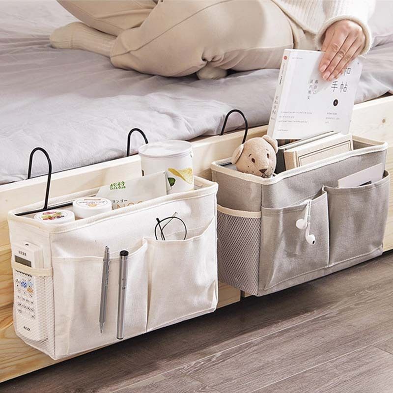 Bedside Caddy Storage Organizer with Metal Hooks, Multi-Pocket Linen Hanging Bed Caddy for Dorm Bunk Beds, Sofas—Gray - Image 2