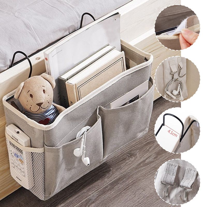 Bedside Caddy Storage Organizer with Metal Hooks, Multi-Pocket Linen Hanging Bed Caddy for Dorm Bunk Beds, Sofas—Gray - Image 3