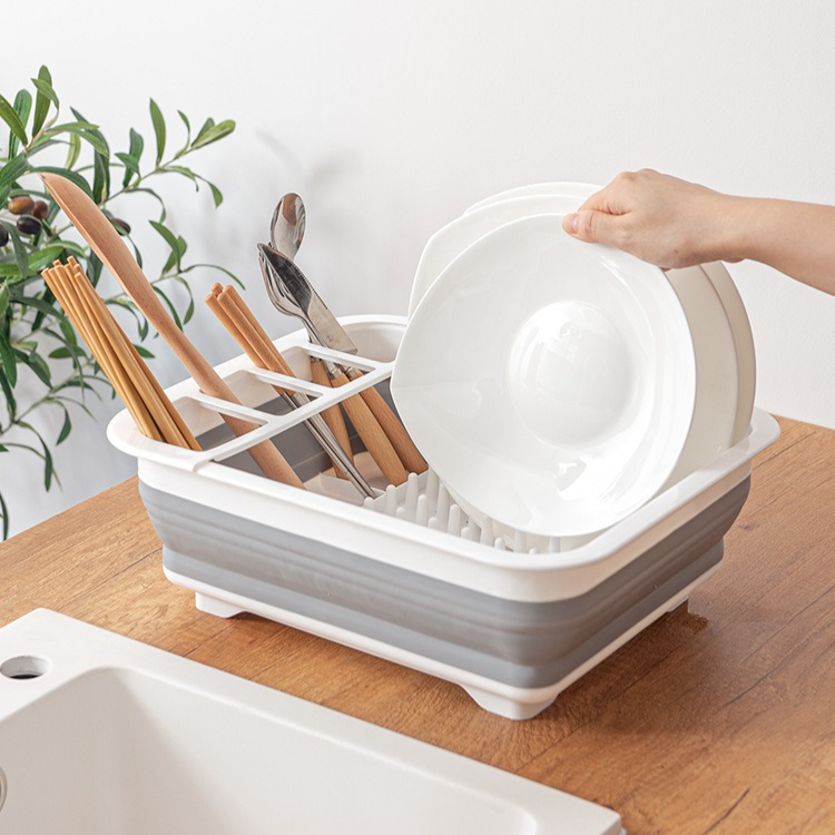 Multi Compartment Plastic Kitchen Utensil Holder, Foldable Dish Drain Basket for Bowl Plate Cup Chopsticks Storage - Image 2