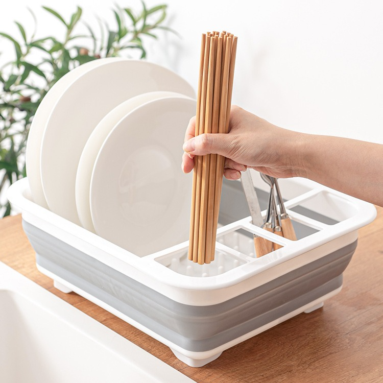 Multi Compartment Plastic Kitchen Utensil Holder, Foldable Dish Drain Basket for Bowl Plate Cup Chopsticks Storage - Image 3