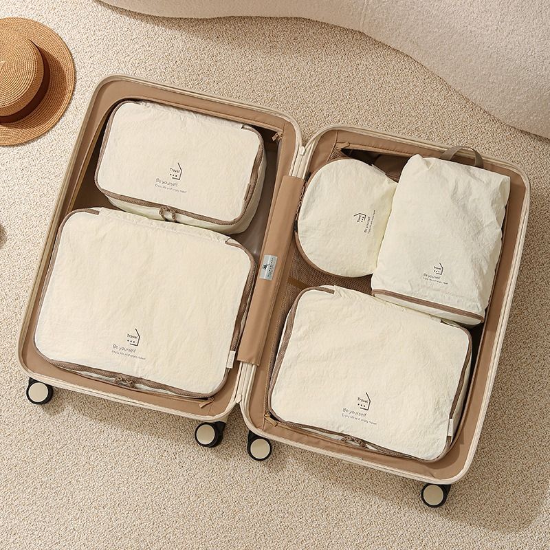 5-Piece Travel Packing Cube Set, Wrinkle-Resistant Nylon Luggage Organizer Bags with Cosmetic Bag & Shoe Bag for Clothing and Toiletries Storage - Beige - Image 1