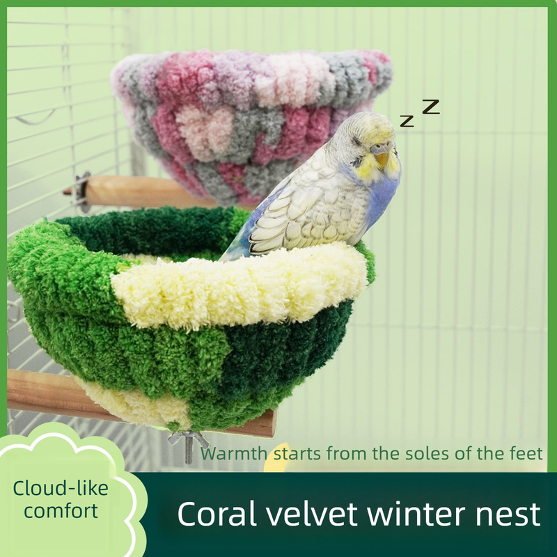 2-in-1 Parrot Perch Warm Bed Nest, Coral Fleece Hanging Bird Cage Sleeping Hut for Budgies, Cockatiels, Lovebirds, and Small Parrots – Winter Warm House - Blue - Image 2