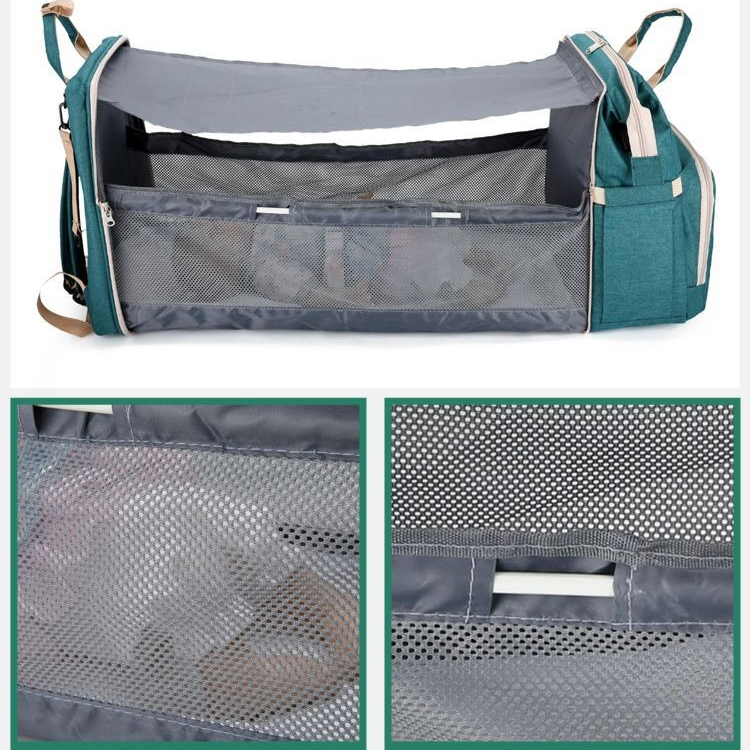Convertible Baby Bed Diaper Backpack, Waterproof Oxford Multifunction Mommy Bag, 3-Way Hand/Shoulder/Backpack for Travel and Outdoor Use - Green - Image 2
