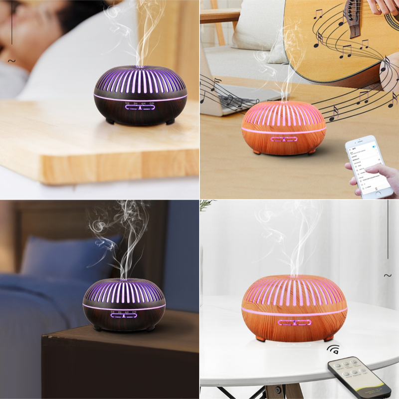 550ML Wood-Grain Aroma Diffuser and Humidifier with Bluetooth Speaker, 7-Color LED Night Light, Remote Control, Timer, and Auto Shut-Off – Light Wood - Image 7
