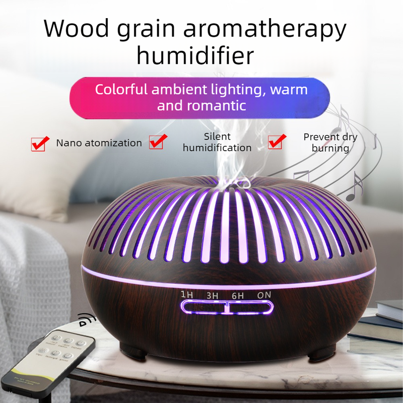 550ML Wood-Grain Aroma Diffuser and Humidifier with Bluetooth Speaker, 7-Color LED Night Light, Remote Control, Timer, and Auto Shut-Off – Dark Wood - Image 2