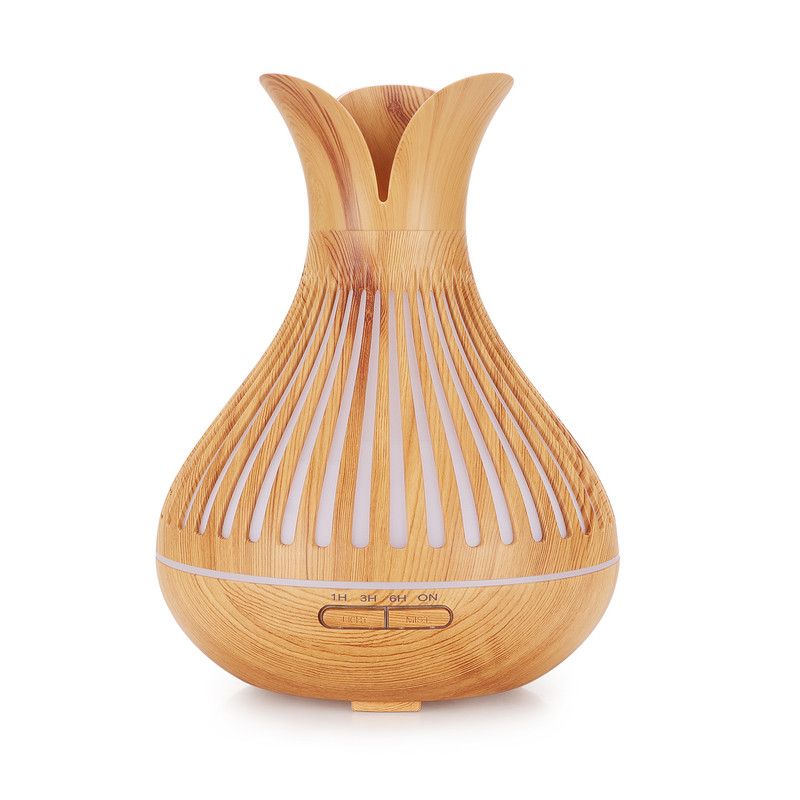 Wood Grain Flower Vase Diffuser and Humidifier, 7-Color LED Light, Timer, and Remote Control, 500 mL Ultrasonic Aroma Diffuser—Light Wood - Image 1