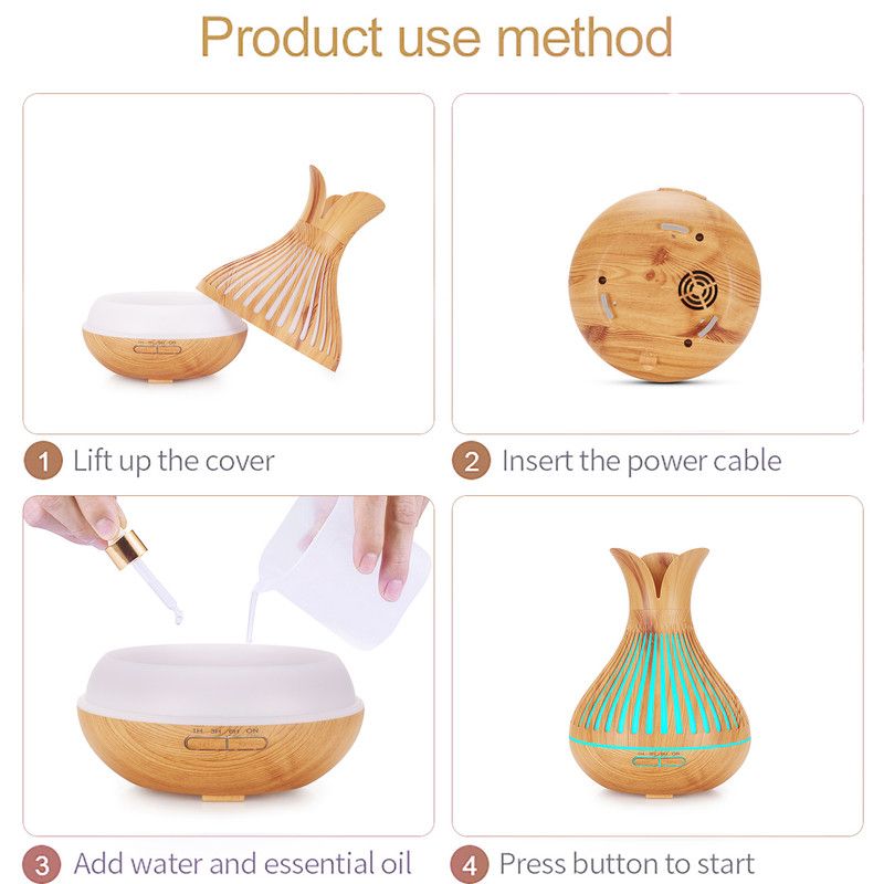 Wood Grain Flower Vase Diffuser and Humidifier, 7-Color LED Light, Timer, and Remote Control, 500 mL Ultrasonic Aroma Diffuser—Light Wood - Image 2