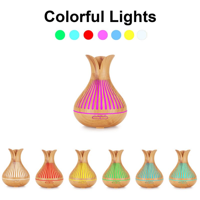 Wood Grain Flower Vase Diffuser and Humidifier, 7-Color LED Light, Timer, and Remote Control, 500 mL Ultrasonic Aroma Diffuser—Light Wood - Image 3