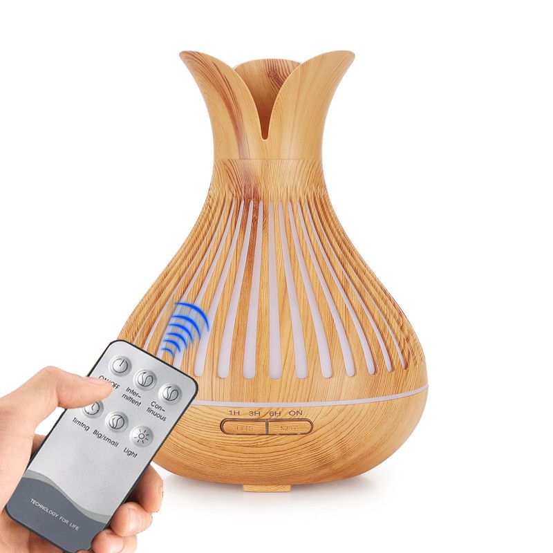Wood Grain Flower Vase Diffuser and Humidifier, 7-Color LED Light, Timer, and Remote Control, 500 mL Ultrasonic Aroma Diffuser—Light Wood - Image 6