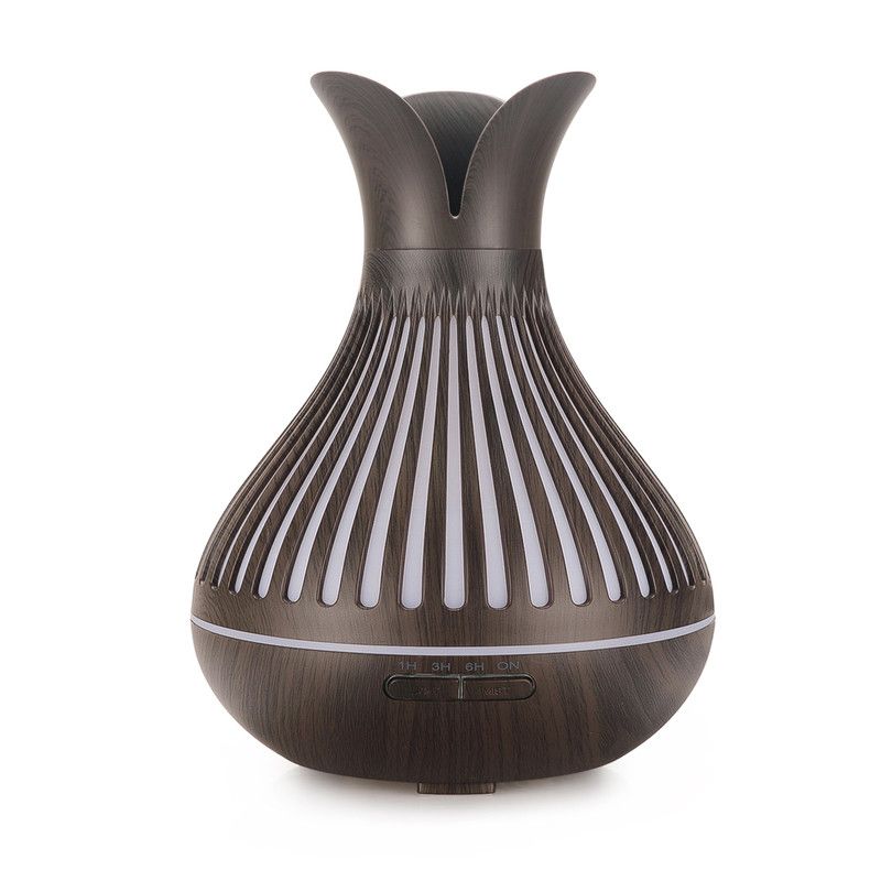 Wood Grain Flower Vase Diffuser and Humidifier, 7-Color LED Light, Timer, and Remote Control, 500 mL Ultrasonic Aroma Diffuser—Dark Wood - Image 1