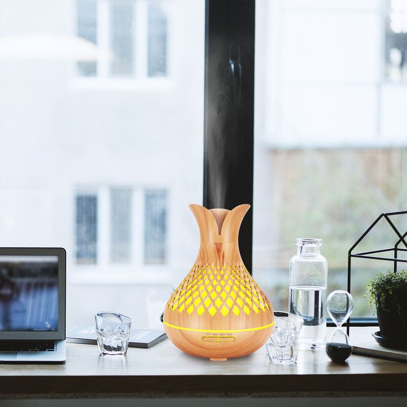 500ML Diamond Hollow Wood Grain Diffuser Humidifier, 7-Color LED Night Light, Remote Control, Timer, Continuous & Intermittent Mist - Light Wood - Image 6