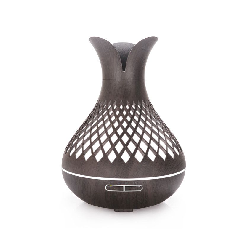 500ML Diamond Hollow Wood Grain Diffuser Humidifier, 7-Color LED Night Light, Remote Control, Timer, Continuous & Intermittent Mist - Dark Wood - Image 1