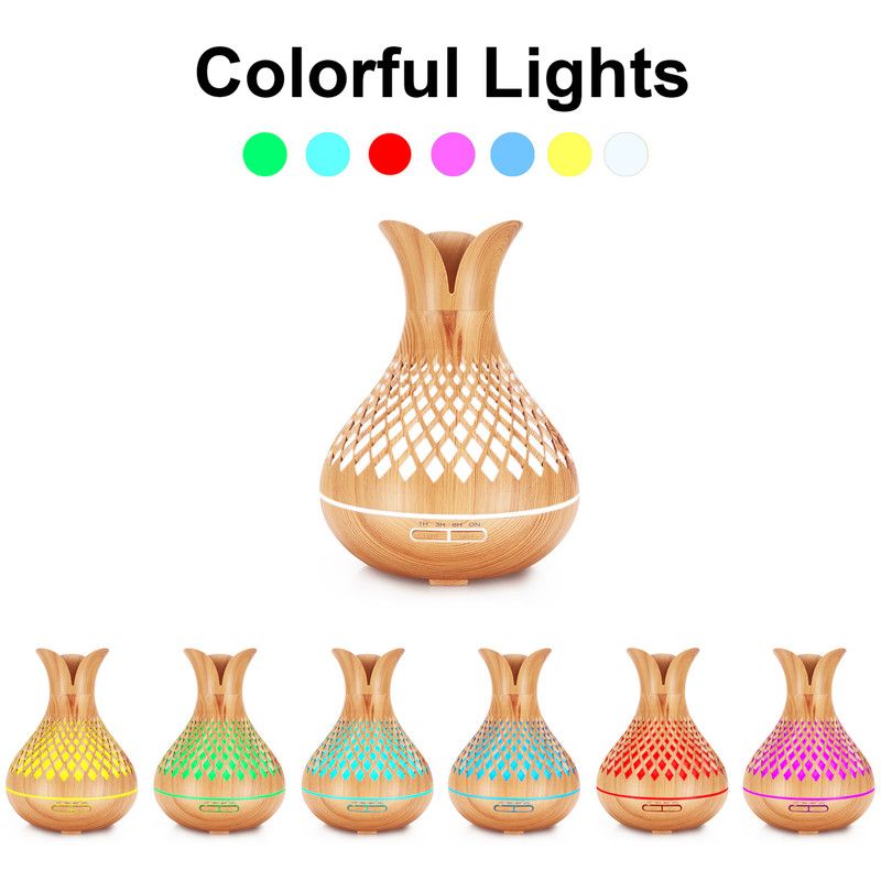 500ML Diamond Hollow Wood Grain Diffuser Humidifier, 7-Color LED Night Light, Remote Control, Timer, Continuous & Intermittent Mist - Dark Wood - Image 2