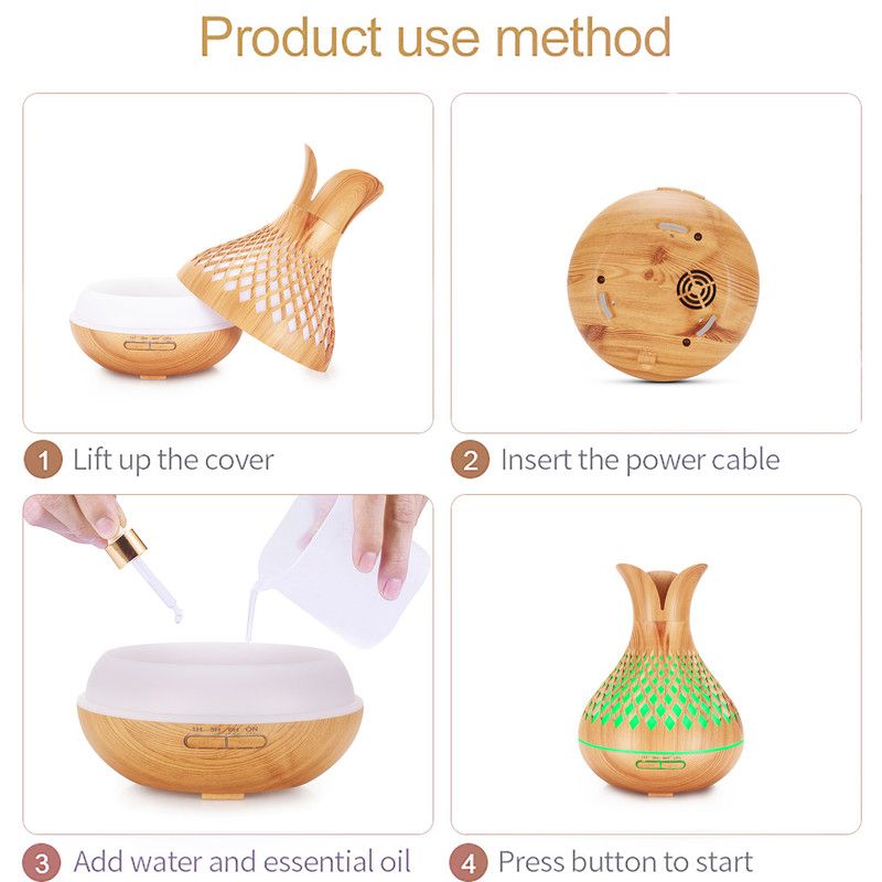 500ML Diamond Hollow Wood Grain Diffuser Humidifier, 7-Color LED Night Light, Remote Control, Timer, Continuous & Intermittent Mist - Dark Wood - Image 3