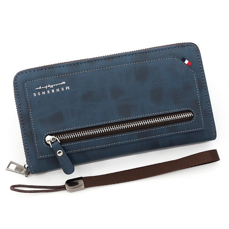 Vintage PU Leather Long Wallet for Men, Zipper-Around Phone Clutch Purse with Detachable Wrist Strap - Blue - Image 1