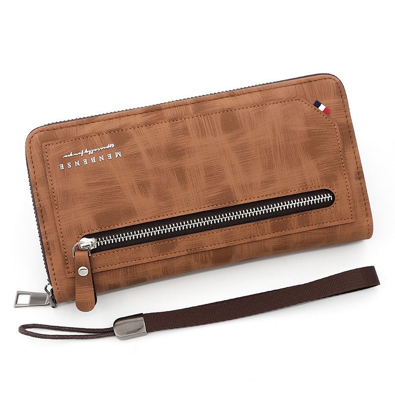 Vintage PU Leather Long Wallet for Men, Zipper-Around Phone Clutch with Detachable Wrist Strap - Light Brown - Image 1