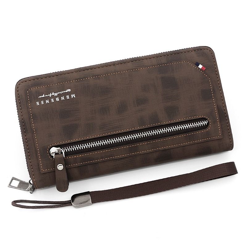 Vintage PU Leather Long Wallet for Men, Zipper-Around Phone Clutch with Detachable Wrist Strap - Dark Brown - Image 1
