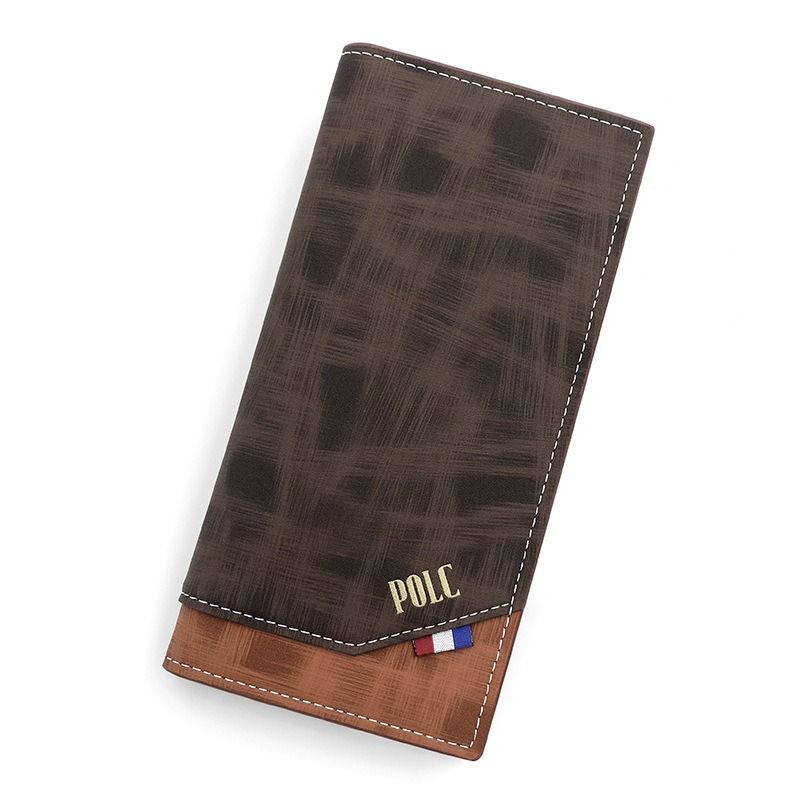 Men's Long Bifold PU Leather Wallet, Vintage Plaid Patchwork Business Card Holder with Zipper Coin Pocket & ID Photo Slot (Dark Brown) - Image 1
