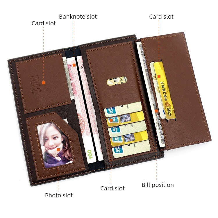 Men's Long Bifold PU Leather Wallet, Vintage Plaid Patchwork Business Card Holder with Zipper Coin Pocket & ID Photo Slot (Dark Brown) - Image 2