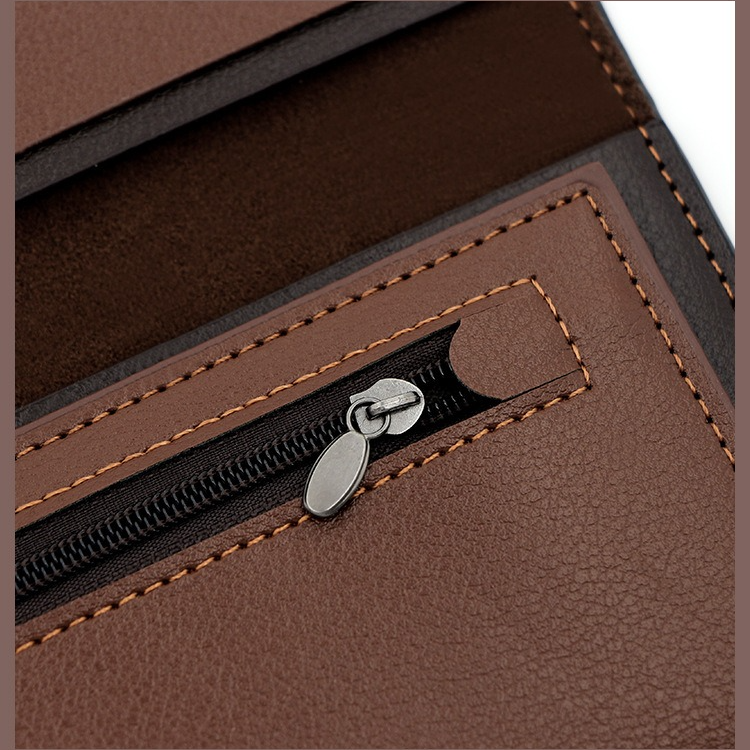 Men's Long Bifold PU Leather Wallet, Vintage Plaid Patchwork Business Card Holder with Zipper Coin Pocket & ID Photo Slot (Dark Brown) - Image 5
