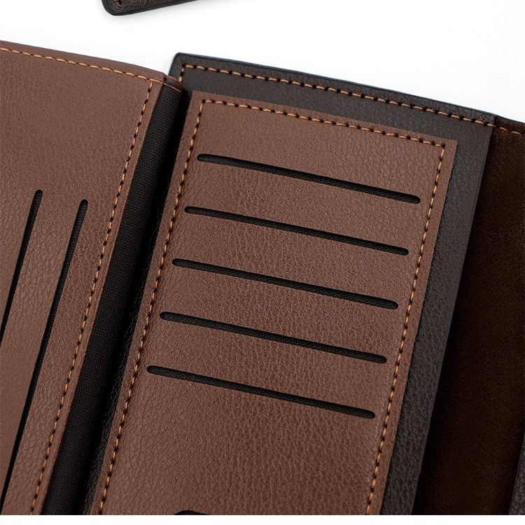 Men's Long Bifold PU Leather Wallet, Vintage Plaid Patchwork Business Card Holder with Zipper Coin Pocket & ID Photo Slot (Dark Brown) - Image 7